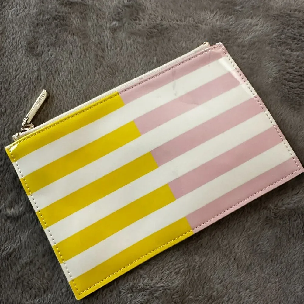 Kate Spade Yellow Pink Striped Zippered Pencil Pouch Cosmetic Bag Case